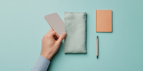 Poster - Mindful Minimalist Lifestyle Asian Mans Digital Detox with Phone in Fabric Pouch on Pastel Background - Enhancing Productivity for Modern Workspaces and Wellness Marketing