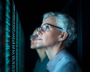 Poster - Ambient Corporate Cybersecurity Middle-aged Individuals Analyzing Digital Displays in a High-Tech Server Room for Modern Network Security Solutions