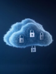 Aufkleber - Minimalist Cybersecurity Visualization Textured Cloud with Padlock Icons on Blue Background - Secure Data Solutions for Tech Innovation and Network Safety