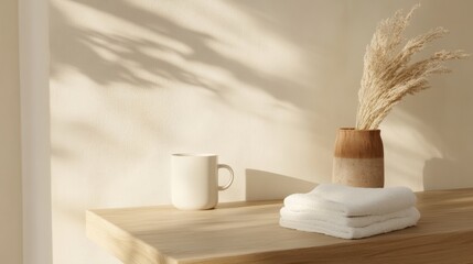 Poster - Scandinavian Minimalist Workspace Wooden Desk with Ceramic Mug and Soft Textiles in Natural Light - Modern Home Office Productivity and Branding Imagery