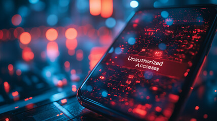 Poster - Unauthorized Access Warning: A smartphone displays a stark 