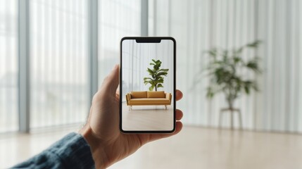 Poster - Augmented Reality Home Design Modern AR App with Virtual Furniture in Spacious Urban Living Room - Innovative Technology for Real Estate Visualization and Interior Styling