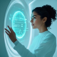 Poster - Futuristic Teal Wellness Technology Athletic South Asian Woman Engaging with Holographic Health Metrics - Innovative Biometric Fitness Pod for Personal Health Optimization