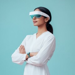 Fototapete - Smart Wellness Tech Indian Healthcare Innovator with Smart Glasses and Fitness Wearables in a Clinical Minimalist Setting for Modern Health Optimization