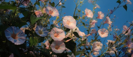Poster - Morning glories intertwine with vibrant vines under a clear blue sky in a lush floral display