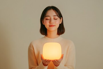 Poster - Ambient Glow Smart Lamp in Cozy Minimalist Bedroom with Young Asian Woman Using Voice Command for Personalized Lighting - Tech-Driven Home Comfort and Modern Lifestyle Integration