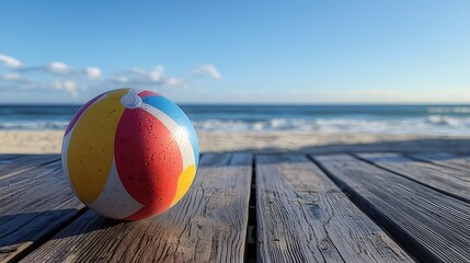 Close up of a vibrant multicolored beach ball resting on a weathered wooden deck with the calm blue ocean and horizon visible in the background  The scene evokes a sense of summer leisure