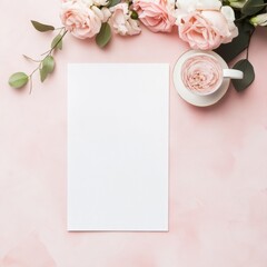 Leinwandbilder - Elegant workspace with blank paper, cup of tea, and beautiful roses on soft pink background for creative projects. Generative AI