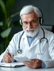 Aufkleber - Modern Biophilic Virtual Clinic Experience Indian Male Doctor in White Coat and Headphones, Engaged in Remote Healthcare Consultation Future of Telehealth and Digital Wellness