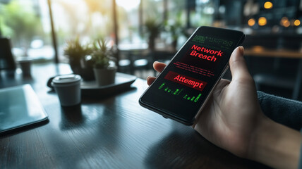 Poster - cybersecurity alert: a hand holds a smartphone displaying a critical cybersecurity alert, highlighti