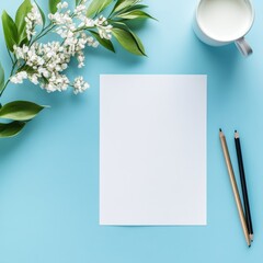 Poster - Minimalistic workspace with empty notepad surrounded by greenery and milk cup perfect for creative writing or brainstorming sessions. Generative AI