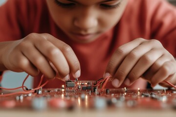 Leinwandbilder - Interactive Learning Close-Up of Youth Building LED Circuit Board, Emphasizing Hands-On STEAM Education and Tech Innovation in Modern Classrooms for Skills Development
