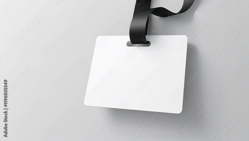 Horizontal mockup of plastic id card with black ribbon. The template is ...