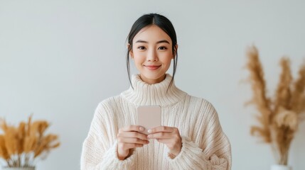 Poster - Asian Young Woman in Minimalist Cafe Using Smartphone for Contactless Payment - Digital Payment Trends and Modern Tech Lifestyle Content