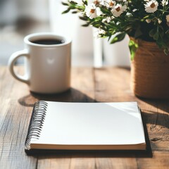 Poster - Cozy workspace with coffee cup, blank notebook, and fresh flowers perfect for creative ideas. Generative AI