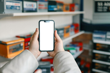 Aufkleber - A hand holding a smartphone with a blank white screen in a store environment. Shelves with colorful products blurred in the background. Perfect for mockups and advertising
