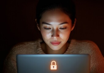 Fototapete - Cozy Chic Asian Woman, 34, in Dimly Lit Home Office Using Laptop with VPN Icon - Secure Remote Work and Cybersecurity in Modern Digital Environments
