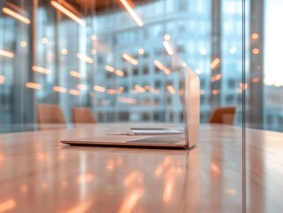 Aufkleber - Contemporary Office Collaboration Glass-Walled Space with Laptop on Wooden Table - Cutting-Edge Business Environment for Professional Presentations and Digital Marketing