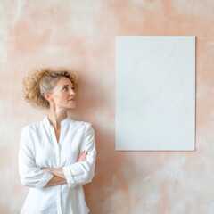 Poster - Minimalist Art Presentation Contemporary Minimal White Canvas on Textured Peach Wall - Modern Art Showcasing and Gallery Aesthetic for Creative Professionals