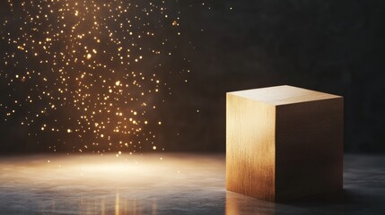 Poster - Luminous Inspiration Glowing Wooden Box with Ethereal Particles on Reflective Surface - Mindfulness Marketing and Creative Wellness Content for Modern Business Innovation