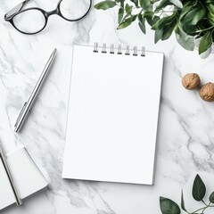 Fototapete - Blank notepad on marble table surrounded by glasses, pen, and walnuts in a bright and inviting workspace. Generative AI