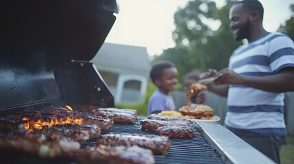 Close up view of family members sharing a fun and lively barbecue experience on a beautiful summer evening in their backyard  The grill is lit with flames cooking delicious food