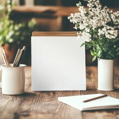 Poster - Space for creativity and notes with fresh flowers on a rustic wooden table. Generative AI