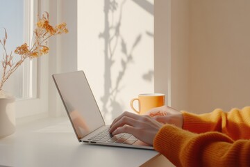 Aufkleber - Sunlit Minimalist Workspace Remote Work Essentials with Laptop and Coffee for Modern Productivity - Digital Nomad Aesthetic and Home Office Efficiency