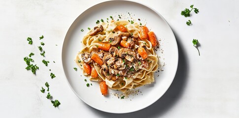 Modern cuisine: creamy pasta with mushrooms and roasted vegetables