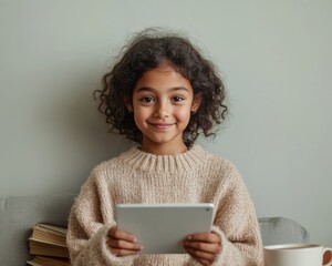 Poster - Cozy EdTech Corner Young Indian Girl with Tablet and Textbooks in Sweater for Digital Education - Enhancing Student Life and Remote Learning Innovation