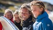 © Wilasinee - A joyful family carrying a surfboard together beaming with excitement as they share the thrill of a beach adventure  The image captures the warmth togetherness