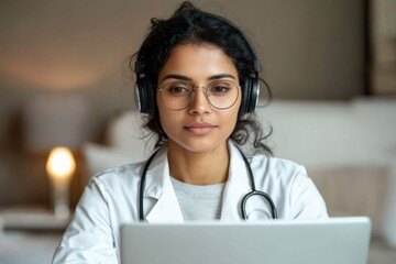 Poster - Contemporary E-learning Scene Professional Indian Woman in Trendy Workspace Engaging in Virtual Corporate Training with Laptop and Headphones – Enhancing Digital Skills in Business Innovation