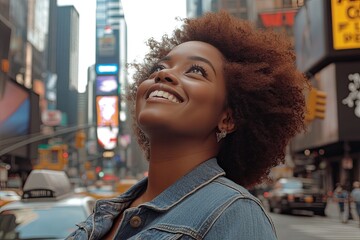 Wall Mural - A beautiful Black woman with an afro, smiling and wearing a denim jacket, walking the streets of New York City with yellow cabs passing by.