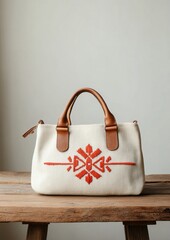 Poster - Boho Chic Handbag with Ethnic Patterns on Rustic Table in Natural Light