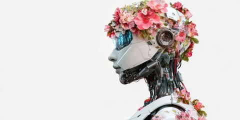Poster - futuristic robot typing on tablet isolated on digital art innovative technology side view human inte