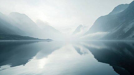 Aufkleber - Serene landscape with mist over lake and mountains creating a peaceful, calm environment for contemplation. Generative AI