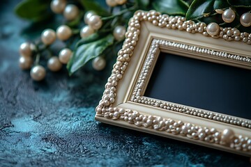 Elegant Pearl Beaded Picture Frame on a Dark Teal Background