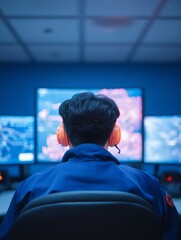Aufkleber - Control Room Operator in Futuristic South Korean Control Room Managing Urban Emergency Response Data with Control Room Screens