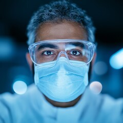 Poster - Scientist Examines Virus Samples in Modern Laboratory, Scientist in Protective Gear, Advanced Research Facility, Daytime Analysis