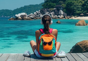 Wall Mural - a woman sitting on the pier with headphones and a colorful backpack, wearing sunglasses and shorts