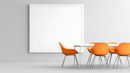 Wall Mural - Minimalistic office design with sleek white furniture vibrant orange chairs and a blank white frame on a light grey wall in a format.