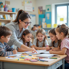 curious children learning with teacher in a bright classroom, exploring workbooks and engaging with 