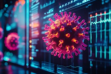 Poster - Virus Model Displayed on Digital Screen with Virus Model in Focus for Health Awareness and Prevention
