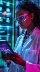 Poster - Scientist Analyzing Virus Data in Neon-Lit Laboratory, Scientist Focused on Digital Health Innovation