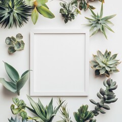 Poster - Empty frame surrounded by various green plants on a light surface ready for creative display. Generative AI