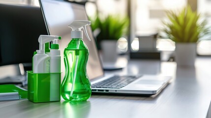 Poster - Clean Workspace Green Cleaning Supplies Laptop Office Desk