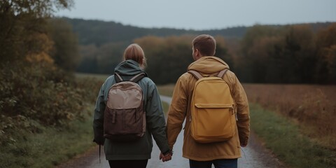 Poster - A couple is walking down a road holding hands and wearing backpacks. The man is wearing a yellow backpack