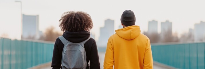 Poster - Two people walking on a bridge with a city in the background. The man is wearing a yellow hoodie and the woman is wearing a black backpack