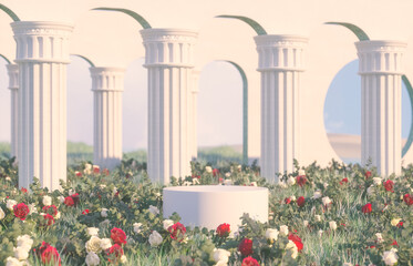 Poster - Natural beauty podium backdrop with spring rose flowers scene. 3d rendering.