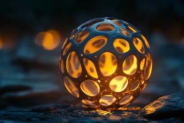 Wall Mural - Illuminated sphere, porous surface, dark background.